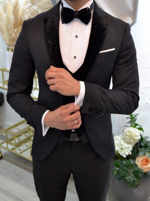 Smoking negro de solapa brillante (V-344-363 | V-702340-7)