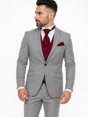 Traje Gris | Tres piezas | Botones rojos | 1980-21